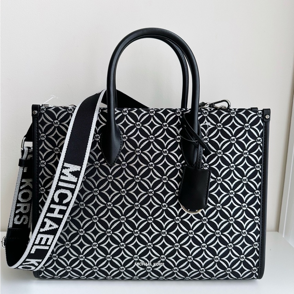 Michael Kors Mirella Medium Metallic Logo Jacquard Tote Bag black silver NWT